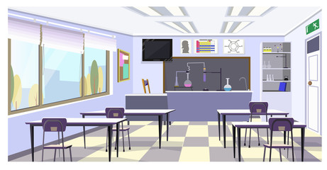 Chemistry classroom with flasks on table vector illustration. Clean classroom with desks and shelves with laboratory glassware. School illustration