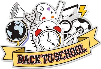 Back to school text drawing by colorful chalk in blackboard with school items and elements
