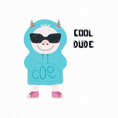 Hand drawn vector illustration of a cute funny monster in sunglasses and hoodie, with quote Cool dude. Isolated objects on white background. Design concept for children print.