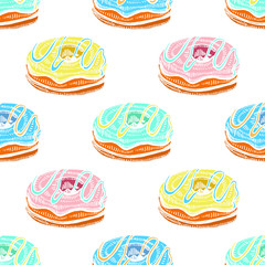 Colored Seamless Pattern with Doughnuts in Hand-Drawn Style