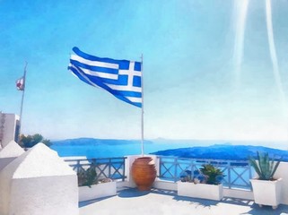 Hand drawing watercolor art on canvas. Artistic big print. Original modern painting. Acrylic dry brush background. Mykonos. Greece. Charming view. Beautiful landscape.