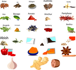 A set of different spices, spices, food, salt, pepper, vanilla