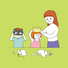 Cartoon cute teacher woman and students in paper crafts classroom vector.