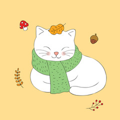 Cartoon cute Autumn cat sleeping vector.