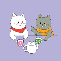 Cartoon cute Autumn white cat and black cat talking and drinking coffee vector.