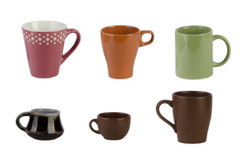 group of color cups isolated on white background