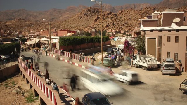 Time lapse of the motion of the people on the street in Tafraout Morocco in the Atlas Mountains.