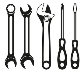 Black and white wrench screwdriver silhouette set