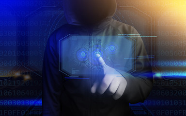 Protect your privacy. Neon light, a hacker, an additional reality in the form of a holographic display. Personal growth