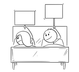 Cartoon stick drawing conceptual illustration of couple in bed, man offering something, probably sexual intercourse, woman is rejecting and wants to sleep. Both are holding empty signs for your text.