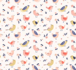 Cute vintage bird pattern with tiny flowers and leaves. Floral background with birds in pastel colors. Hand drawn childish seamless print. Vector 