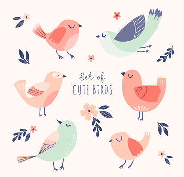 Set of cute vector birds with flowers and leaves. Spring, summer illustration with cartoon funny birds. 