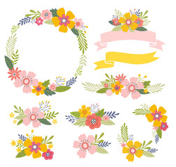 Vector flowers set. Colorful floral collection including floral bouquets, posies, ribbons and floral wreath. Floral design elements. 