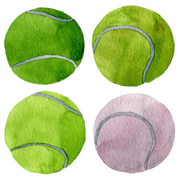 Hand drawn watercolor painting of colorful tennis balls isolated on white background.