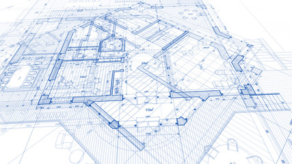 Fototapeta na wymiar Architecture design: blueprint plan - illustration of a plan modern residential building / technology, industry, business concept illustration: real estate, building, construction, architecture
