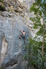 Fototapeta premium Rock climbing on natural terrain.