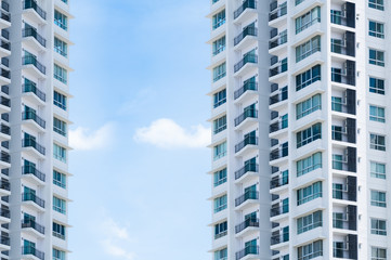 New building architecture on blue sky background,Low angle architectural exterior view of modern