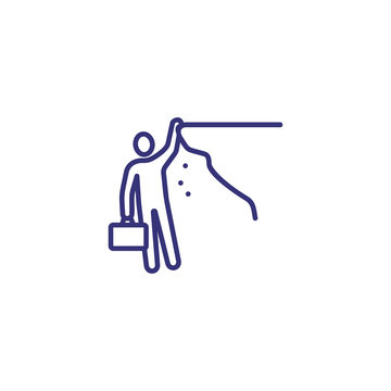 Cliff line icon. Businessman with briefcase hanging on edge. Crisis concept. Can be used for topics like business, failure, loss, regress