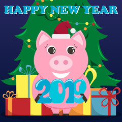 Lovely greeting card for the New Year 2019 with a pig and a Christmas tree.