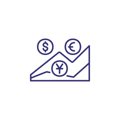 Currency rate graph line icon. Dollar, euro, yuan. Finance concept. Can be used for topics like business, analytics, statistics