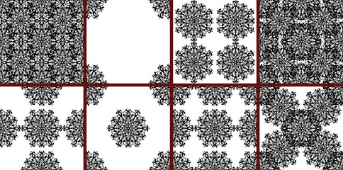 Set of seamless black and white vintage patterns. Royal black laces on white background. Abstract floral wallpapers.