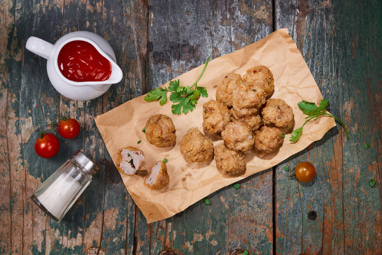 Vietnamese food. Delicious homemade fish balls on wooden table.
