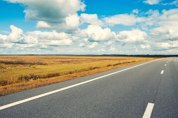 Beautiful and sunny road landscape with sky clouds and yellow fields