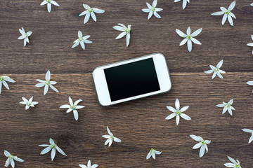White mobile phone with a clear screen on wooden background. little star flowers on wooden desk