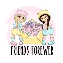 Greeting Card FRIENDS FOREVER Color Vector Illustration for Scrapbooking and Digital Print on any subjects