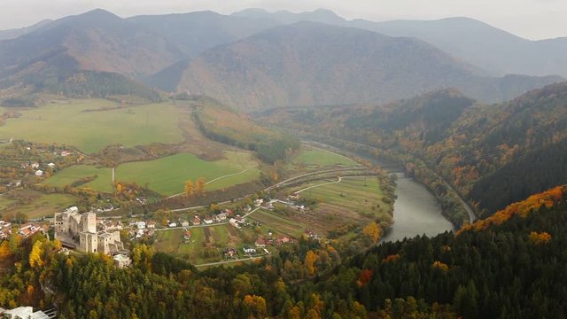 Medieval Strechno Castle (Strechno Hrad), and arounding valey aerial view. Zilina, Slovak Republic