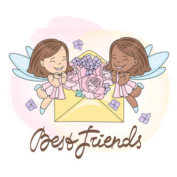 Greeting Card BEST FRIENDS Color Vector Illustration for Scrapbooking and Digital Print on any subjects
