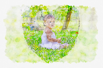 Watercolor of asian baby girl in the garden.