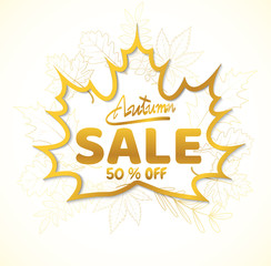hand writing gold Autumn text  boder, Banner Sale with leaves