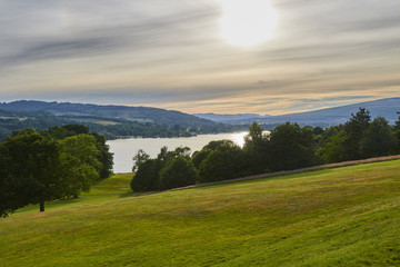 Fototapeta na wymiar Scenic evening view of Balloch Castle Country Park with Loch Lomond in Scotland, United Kingdom.