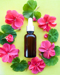 Bottles with geranium oil, flat lay, bio, organic , nature cosmetics concept