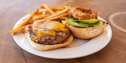 Cheeseburger Plate With French Fries And Onion Ring