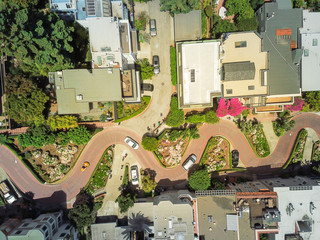 Top view steep hills and sharp curves one-way road Lombard Street, San Francisco