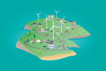 The island of nature renewable energy with wind turbine and solar panels. Vector illustration of ecological concept © Manovector