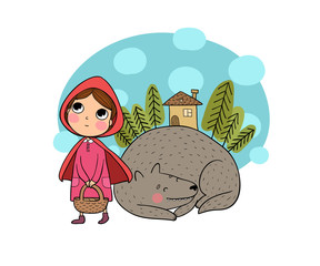 Little Red Riding Hood fairy tale. Little cute girl and wolf.