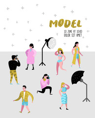 Photo Studio Characters Set with Photographer and Models Poster. Photographic Equipment and Posing Female Model. Vector illustration