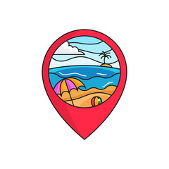 Bach map pin locator logo badge. sunny weather beach holiday scene illustration with circle frame. simple flat cartoon style vector design.