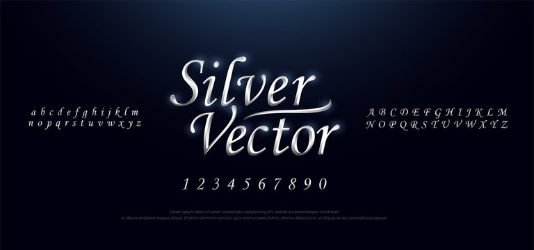 Elegant silver Colored Metal Chrome alphabet font. Typography classic style serif font set. vector illustration