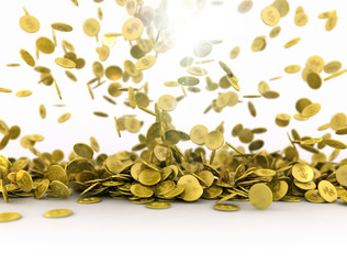 Falling golden coins on white background. 3D illustration