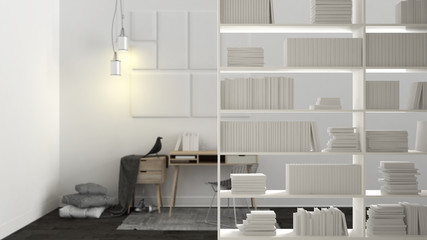 Bookshelf close-up, shelving foreground, interior design concept, scandinavian home workplace in the background
