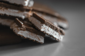 macro shot of coconut nougat in milk chocolate