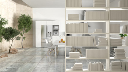Bookshelf close-up, shelving foreground, interior design concept, modern kitchen with garden in the background