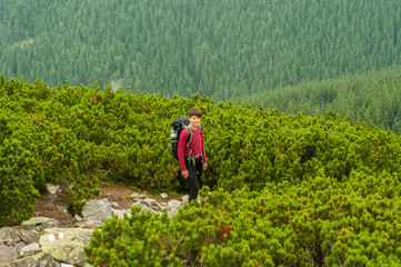 The girl is hiking in Carpathian mountains, under the trees, Ukraine