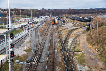Locomotives and Freight Wagons in a Cargo Train Terminal in Hamilton, ON, Canada on Fall Day