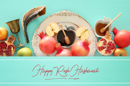 Rosh hashanah (jewish New Year holiday) concept. Traditional symbols.