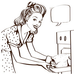 Young attractive housewife cooking roasted chicken.Retro kitchen room interior with bubble